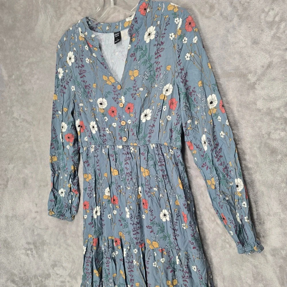 Emery Rose Blue Floral Tiered Maxi Dress Women L V-Neck Boho Cottagecore Peasant